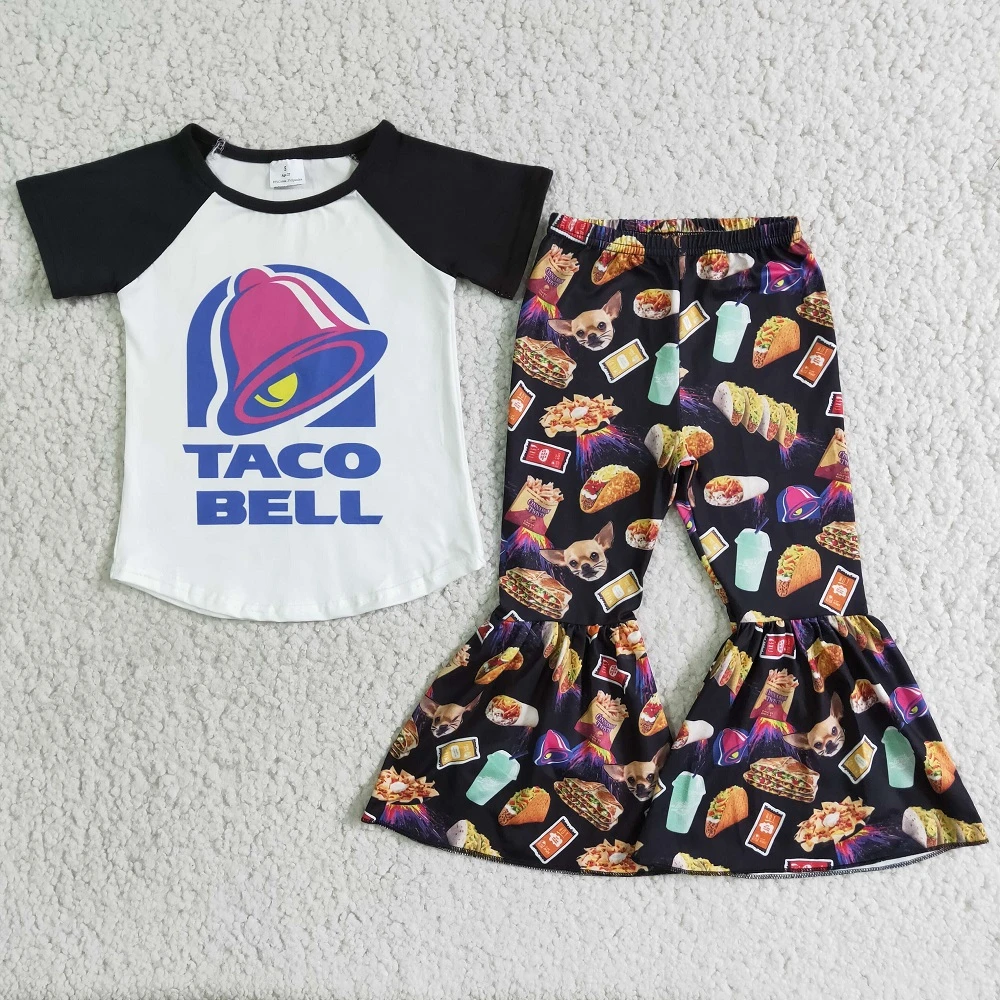 Wholesale Fashion Toddler Baby Girls Kids Fall New Clothes Short Sleeves Outfits Children Letter T-shirt Tacos Bells Pants Sets children's clothing sets in bulk
