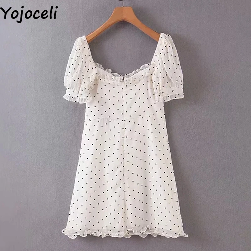 Yojoceli, элегантное короткое платье с сердечками и рюшами, женское летнее сексуальное короткое шифоновое платье, Пляжное повседневное крутое Мини платье для женщин, vestidos