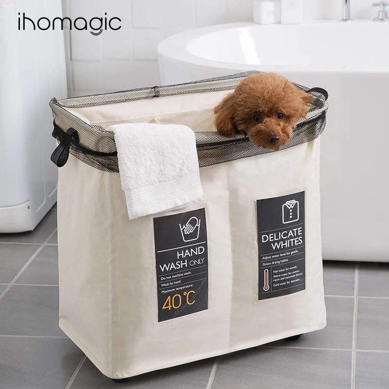 

WD3-109B Double Case Mesh Drawstring Top with Wheels Iron Frame Laundry Basket Clothes Storage Box Folding Storage