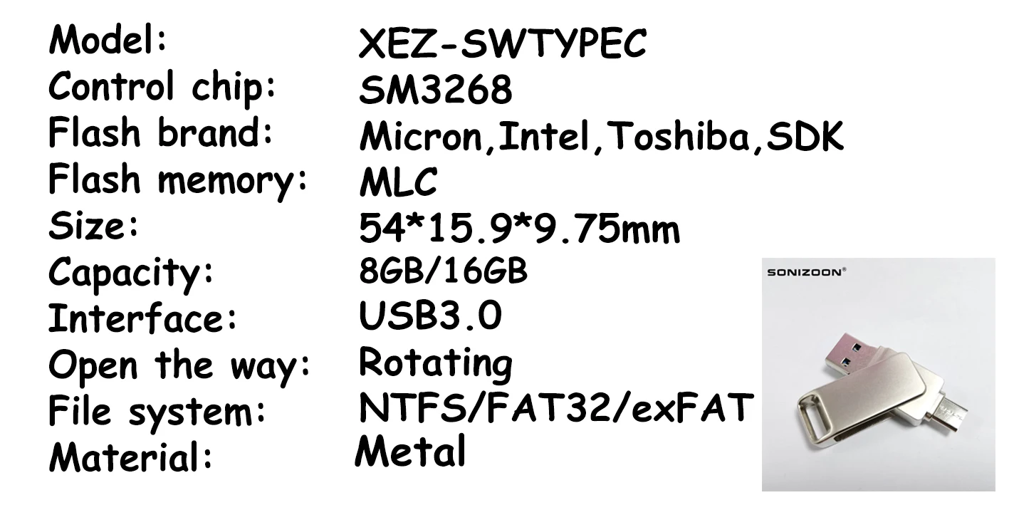 SONIZOON TPYE C-USB3.1 OTG USB Flash Drive Type C Pen Drive 8GB 16GB 32GB USB Stick 3.0 Pendrive for Type-C Device