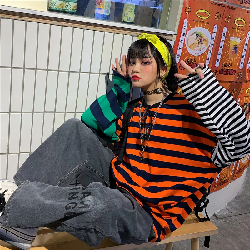 Qlychee Harajuku Лоскутная Женская футболка с вырезом лодочкой свободная полосатая Осенняя женская футболка хит цвета женские футболки с длинными рукавами