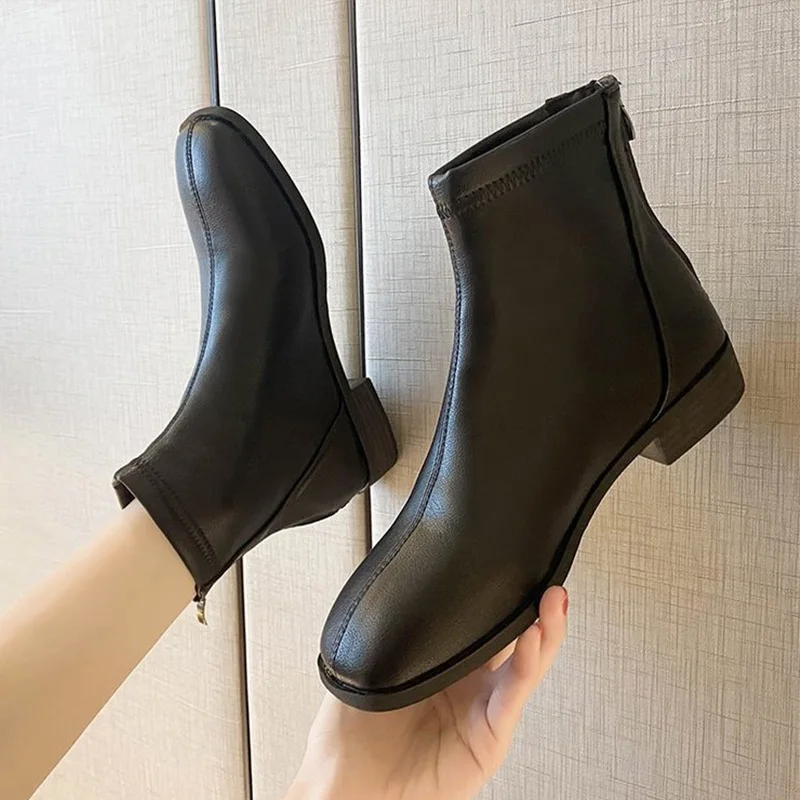 2021 Women Ankle Boots Soft PU Leather Shoes Autumn Ladies Low Heels Zipper Female Plus Size Short Boots Footwear Nice Woman Pop