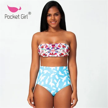 

Pocket Girl 2020 New High Waist Bikini Mujer Sexy Push Up Swimwear Women Floral Print Swimsuit Female Biquini Bandeau Swim Suit