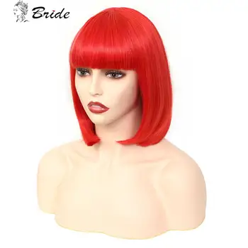 

BRIDE 12in Straight Bob Wig Synthetic Red Wig With Air Bangs Heat Resistant Hair Extension For Women 10 Colors Cosplay Wigs