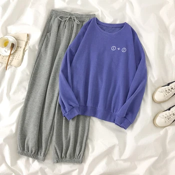 

Yeeloca Autumn Sports Two-piece Sets Loose Printed Purple Sweatershirt + High Waist Ankle Pants Korean Sports Pants Suit