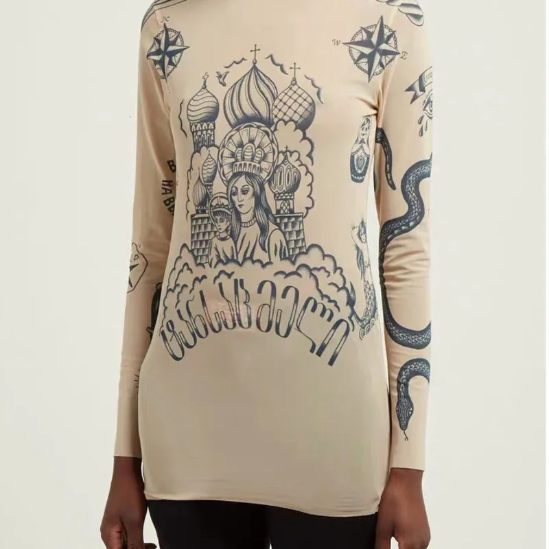 XUXI новые модные женские русские осенние базальные топы с принтом Goddess Tatoo винтажные высокие обтягивающие сетчатые сексуальные футболки с воротником FZ0288