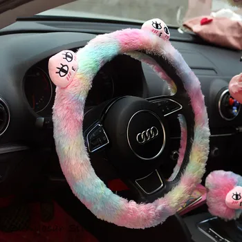 

Plush Rainbow Faux Rabbit Fur Warm Winter For Car interior car Steering Cover Girls Women