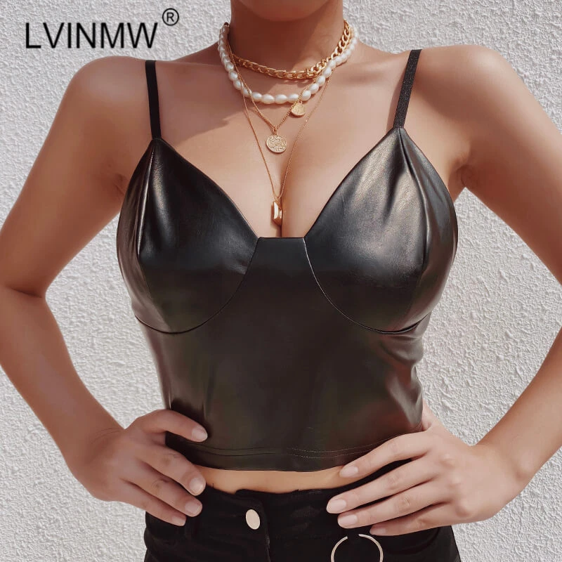LVINMW сексуальный черный топ из искусственной кожи на тонких бретелях с v-образным вырезом, летний женский топ без рукавов на молнии сзади, топик, женский Тощий Топ без косточек