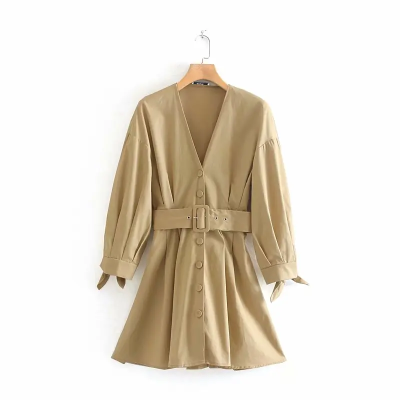 Billige Neue frauen herbst einfarbig v ausschnitt gürtel kleid weibliche verknotet hülse falten vestidos chic einreiher casual kleider DS2781