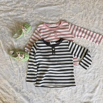 

Toddler Sweater Infant Tee Kids Baby Girls Boys Striped Clothes Rib Cotton Long Sleeve T Shirt with Buttons Casual Tops Clothing
