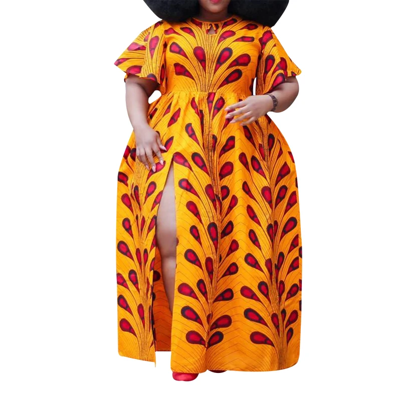 

Summer new plus size fashion dress, split loose sexy temperament dress, printed orange big swing dress