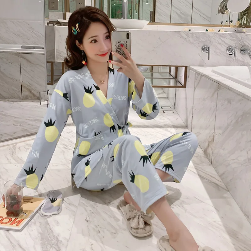 Autumn Pajamas Sets Women with Eye Mask Cotton Printed Long-Sleeve Trouser Suit V-Neck Home Clothes Lingerie Nightwear