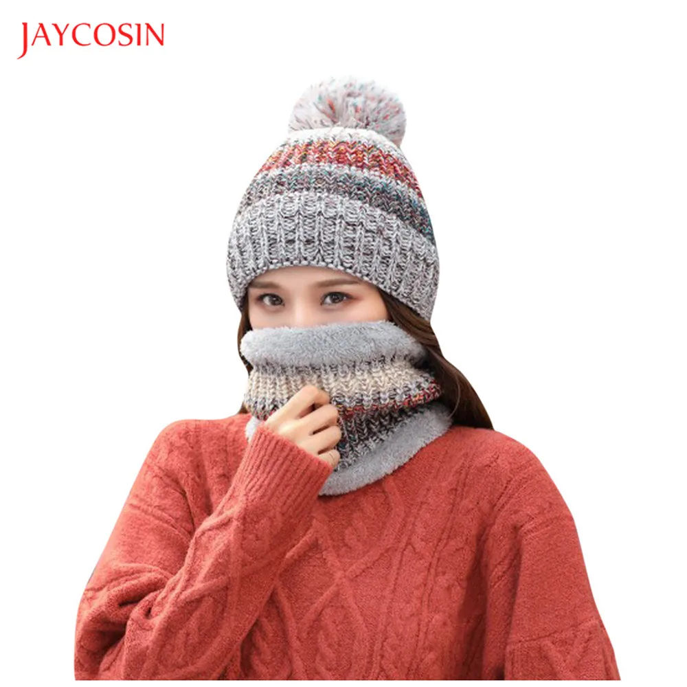 Joycosin зимние утепленные женские вязаные шапки повседневные уличные лоскутные милые шапки вязаная шляпа теплая шарф Набор Шапки женская зимняя шапка