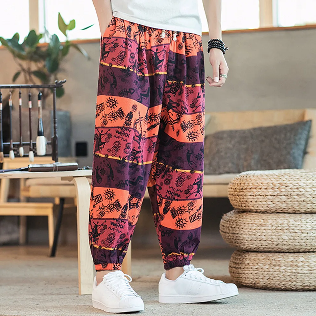 Trousers Men's Casual Vintage Style Loose Cotton Linen Printing Patchwork Lantern Pant Mens Pants Fashions Men Joggers Pants