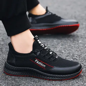 

Men Casual Sneakers Black Mesh Leather Splice Moccasins Breathable Men Running Shoes Sports Fashion Male Trainers Slip On Shoes