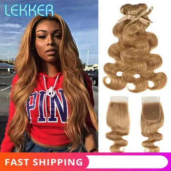 

Body Wave Bundles with Closure Mongolian Hair Bundles with Closure Remy Human Hair Weaves Blonde 27/30 Mix Color Hair for Women