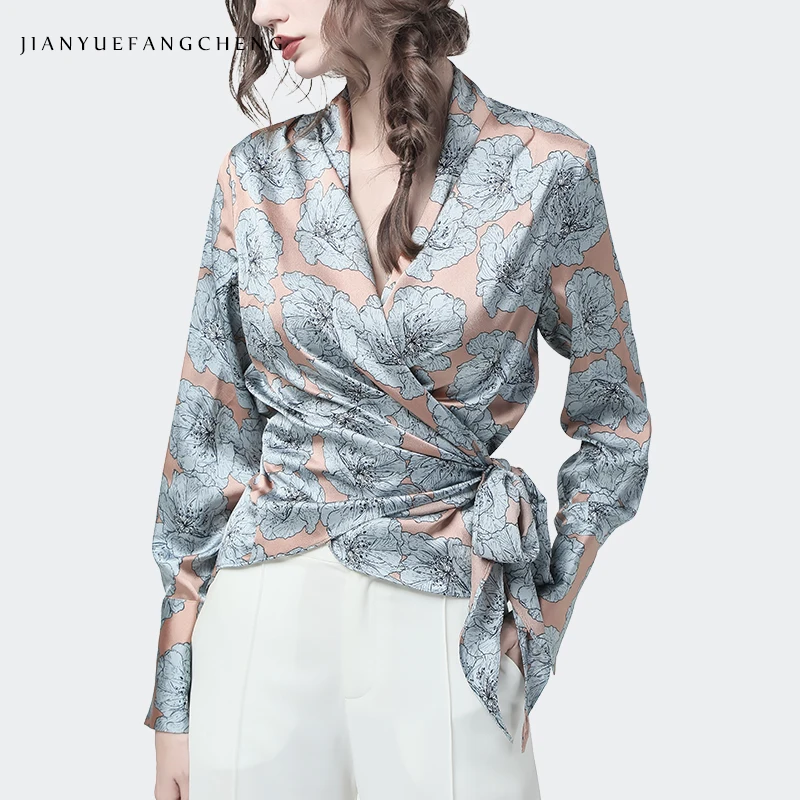 

Satin Ladies Blouse Elegant Rich Peony Flowers Printed V-Neck Long Sleeve Top Blouses With Belt Plus Size Autumn Lady Cardigan