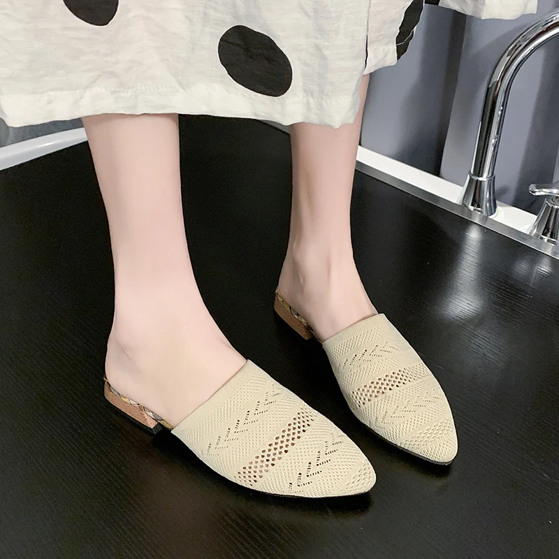 

2020 Summer Classic Low Heel Mules Shoes Women Slides Outdoor Knit Slippers Woman Pointed Toe Sandals Black Yellow Beige