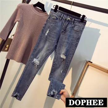 

Large Size Women Pants Spring and Autumn Lady's High Waist Hole Jeans Trousers Slim Skinny Women Denim Pencil Pants