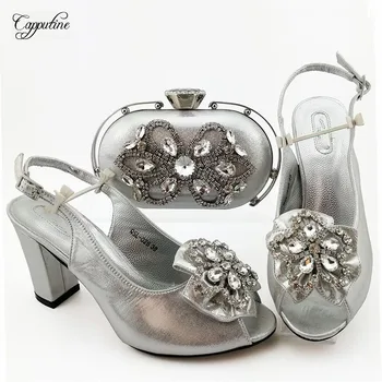 

Popular Silver African High heel Shoes Matching With Purse Handbag Set Decorated With Crystal Stones QSL026 Heel Height 9CM