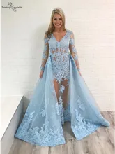 Robe de soirée sirène bleu ciel, avec traîne détachable, manches longues, Appliques de dentelle, Illusion d'organza, robes de bal, 2020