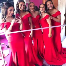 2021 Elegant Split Off The Shoulder Satin Mermaid Long Bridesmaid Dresses Sweep Train Wedding Guest Maid Of Honor Dresses