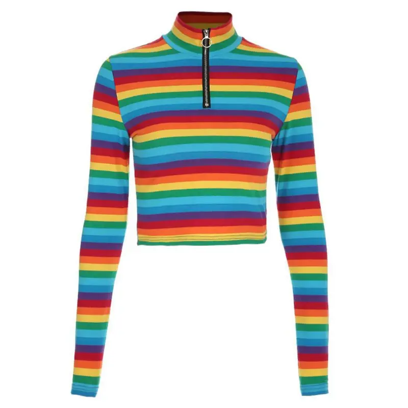 

Women Rainbow Stripes Long Sleeves T-Shirt Stand-up Collar Zipper Short Blouse