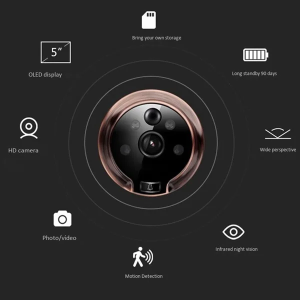 5 inch Video Peephole Door Viewer Digital Doorbell 720P Night Vision Eye Home Security PIR Motion Photo Recording Camera Bell axis intercom