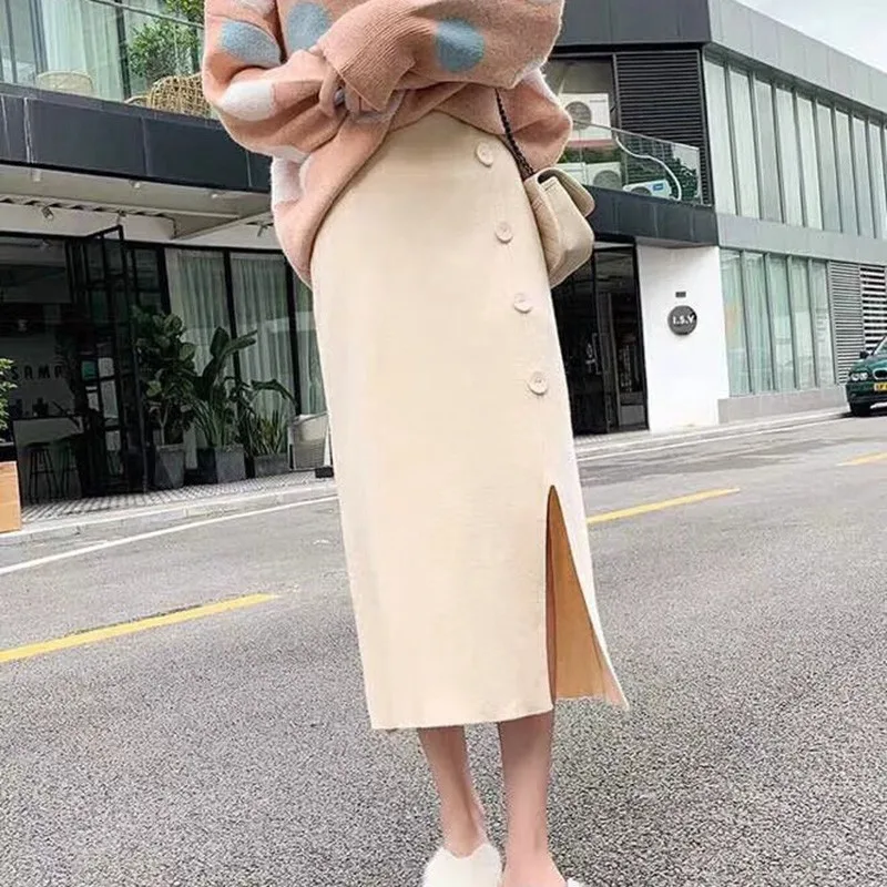 Women Sexy High Waist Skirt Casual Solid Color Split Skirt Female Fashion Button Straight Long Skirts faldas mujer moda