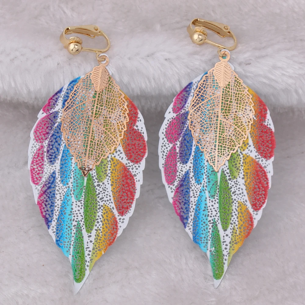 GRACE JUN Colorful Copper Material Double Leaf Clip on Earrings for Women Xmas Earrings