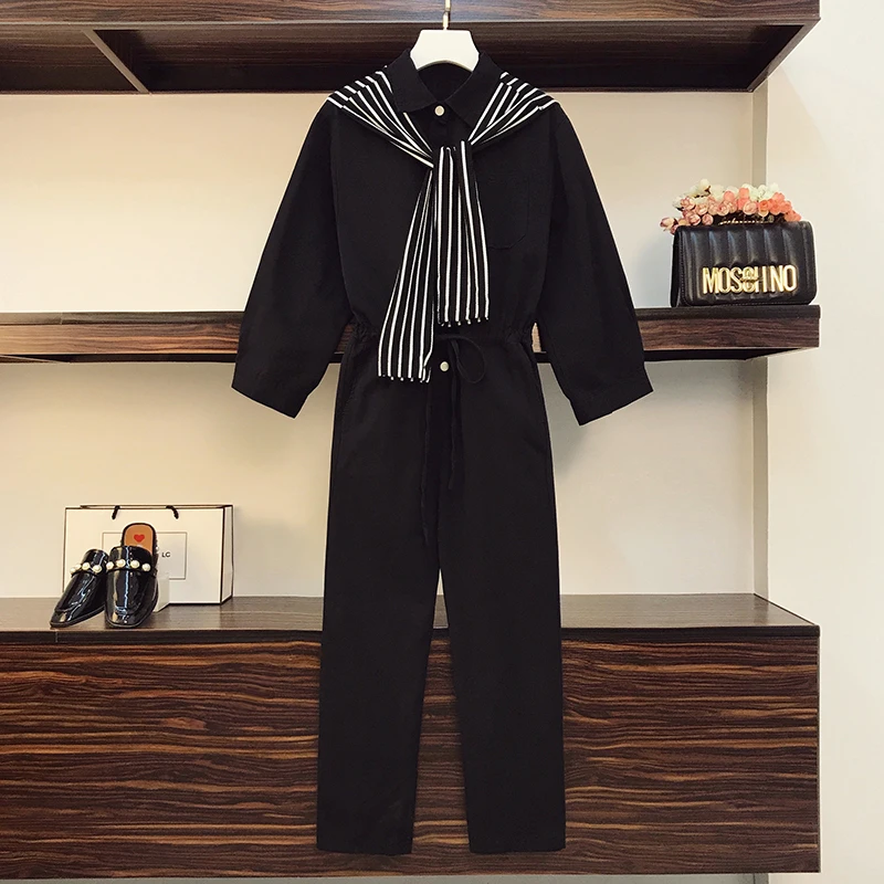 Fall Clothes 2020 Plus Size Jumpersuit Women Long Sleeve One Piece Playsuit Korean Fashion Shawl Stripes Female Black Jump Suits