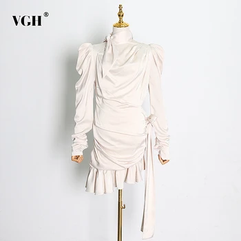 

VGH Hollow Out Asymmetrical Dresses Women Bowknot Puff Long Sleeve Ruffle Evening Party Dress Female 2020 Fashion Clothing Tide