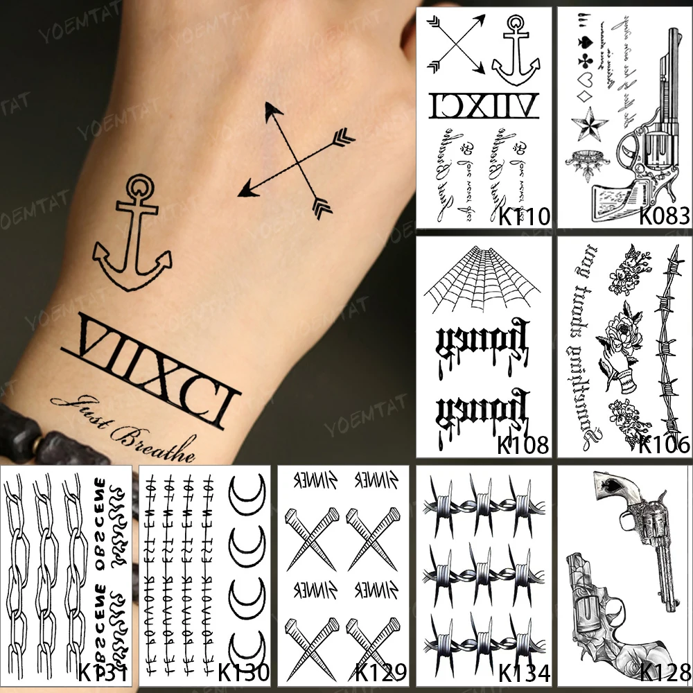 

9pc Waterproof Temporary Tattoo Sticker Anchor Arrow English Black Letter Gun Chain Flash Tatoo Man Woman Body Art Fake Tatto