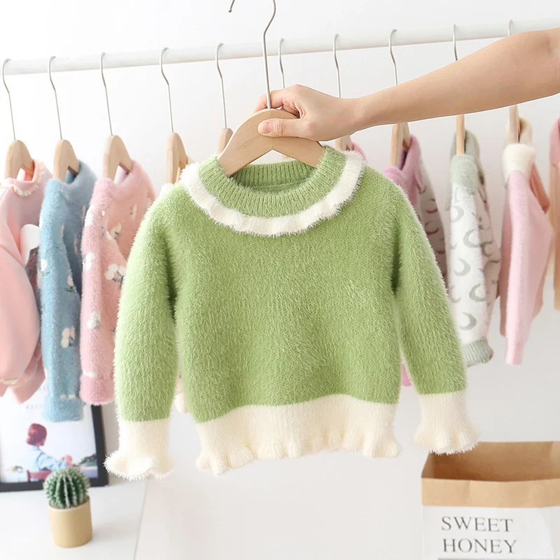 Осенне-зимний свитер для девочек, для малышей и детей постарше детская одежда принцессы с оборками для девочек трикотаж, вязаный пуловер, топы, свитеры верхняя одежда S10118