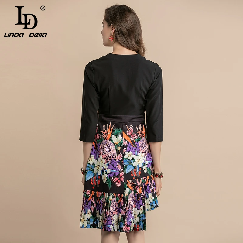 LD LINDA делла осеннее модное подиумное винтажное платье женское платье с бисером и пуговицами цветочное Плиссированное асимметричное платье в стиле пэчворк