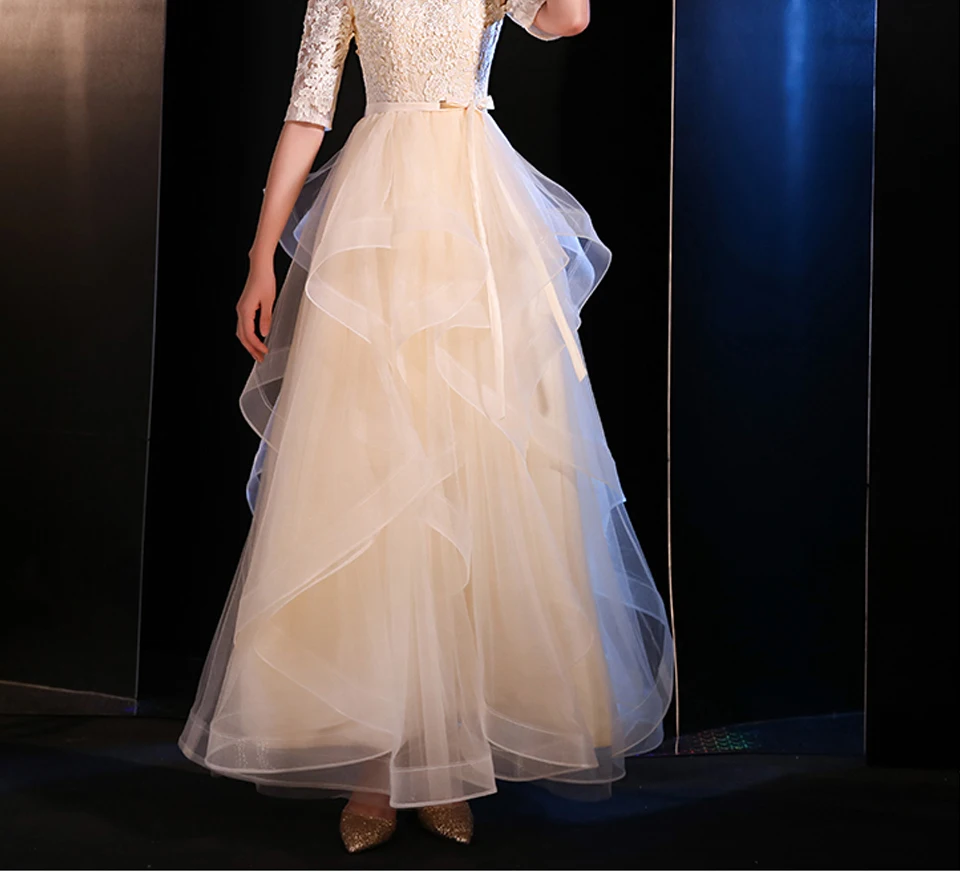 LAMYA элегантные, цвета шампанского Многоуровневое вечернее платье с аппликацией вечерние платья половина кружева рукав платья для вечеринок robe de soiree