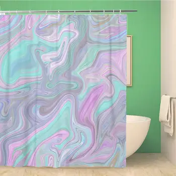 

Bathroom Shower Curtain Blue Ebru Nice Marble Pastel Tone Mother of Pearl Polyester Fabric Waterproof Bath Curtain Set with