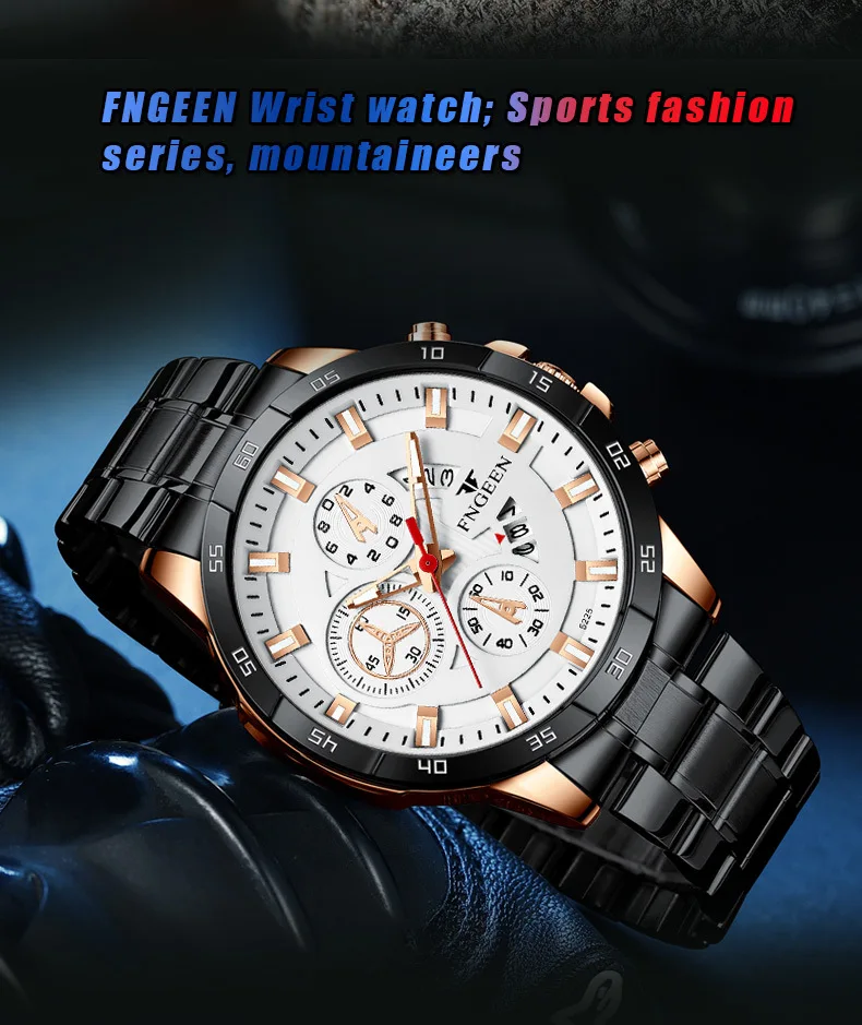 FNGEEN New Fashion Mens Watches Blue Stainless Steel Top Brand Luxury Sports Waterproof Quartz Watch Men Relogio Masculino