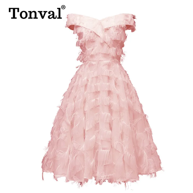 Tonval Vintage Burgundy Off Shoulder Wrap Elegant Fringe Sexy Dress Women Party Fit and Flare Classy Christmas Ladies Dresses