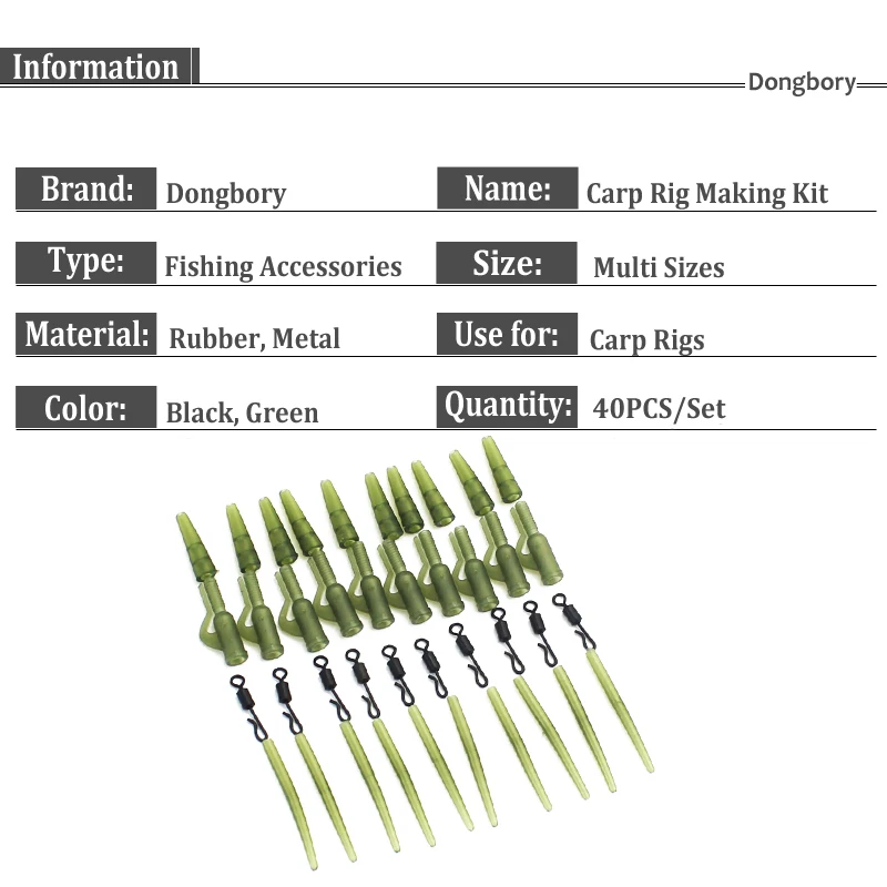1Set=40PCS Carp Fishing Accessories Kit Rubber Lead Clips Anti Tangle Sleeve Quick Change Rolling Swivels Carp Rig Making Tackle