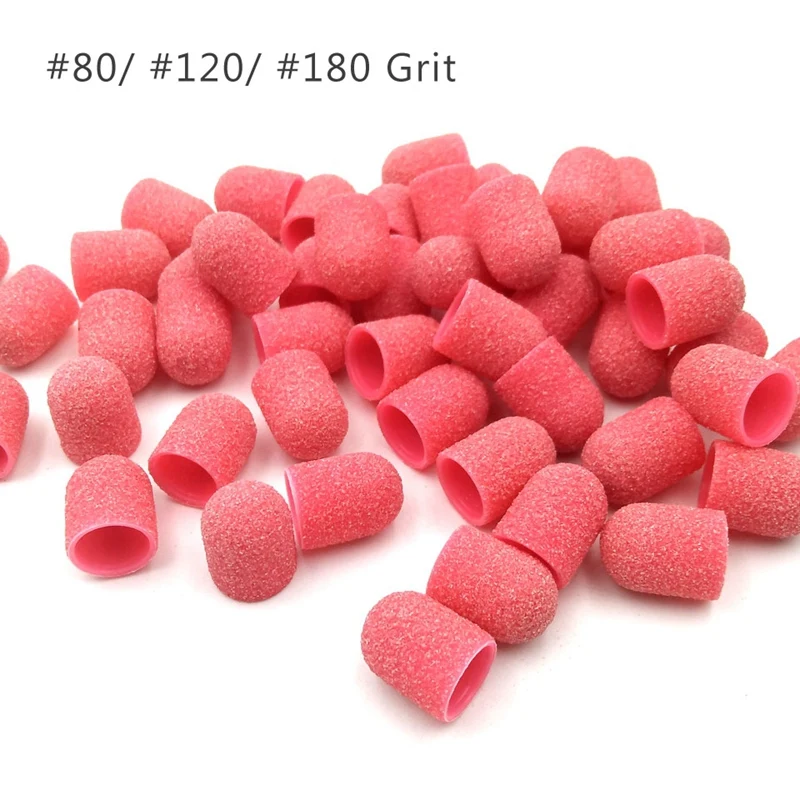 HTHL-50Pcs Plastic Base Pink Sanding Caps With Grip Pedicure Care Polishing Sand Block Drill Accessories Foot Cuticle Tool 10x
