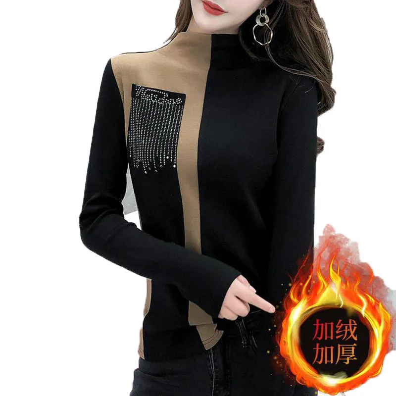 

Plus Velvet Thick Bottoming Tshirt Women Winter Large Size Female T-shirt New Slim Wild Fashion Rhinestone T Shirt Women 359