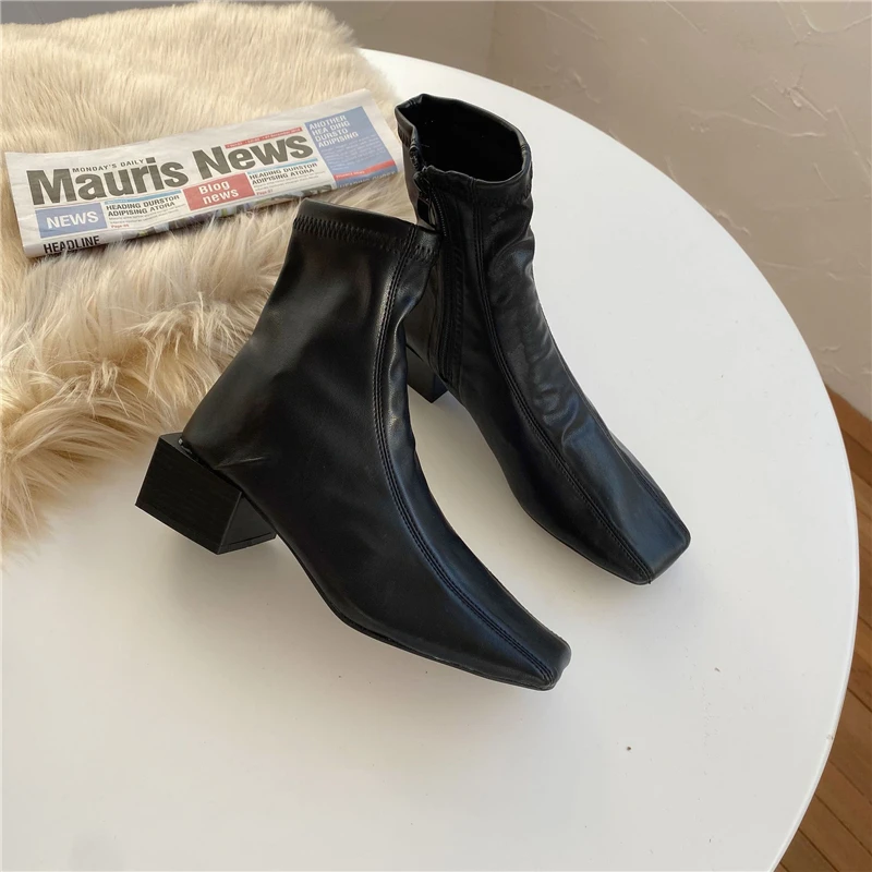

MONMOIRA Vintage Square Heel Sock Boots Women Square Toe Solid Ankle Boots for Women Back Zipper Winter Shoes Women SWE0881