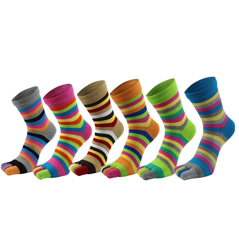 02 6 Pairs / Lot Autumn Winter Women Socks Cotton Fashion Five Fingers Toe Socks Rainbow Stripe Breathable Long Sock - Цвет: 02