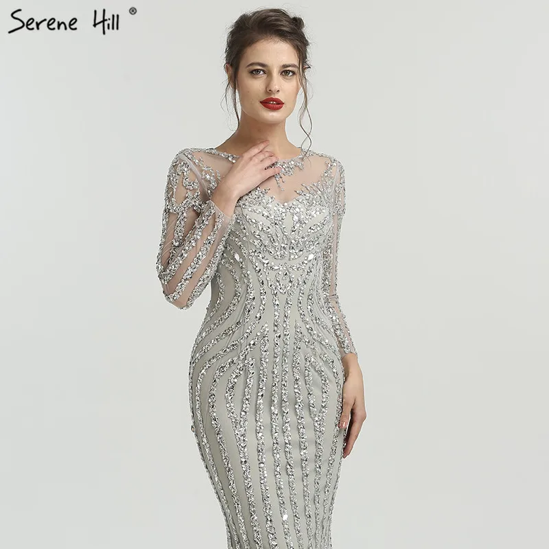 Серен Хилл черное с длинным рукавом Русалка вечернее платье сверкающий кристалл бисером сексуальное официальное платье для вечеринки CLA6591 - Цвет: Grey