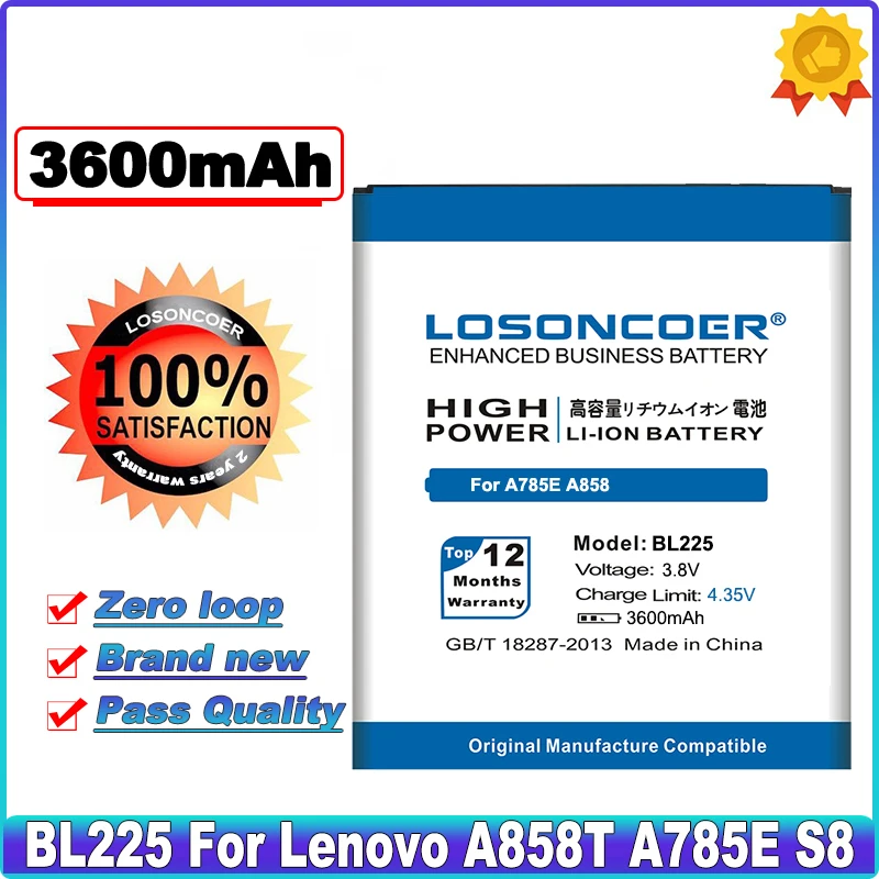 

LOSONCOER 3600mAh BL225 Battery For Lenovo A858T A785E S8 A708T A628T A620T A780E A688T S898t+ S580 Battery