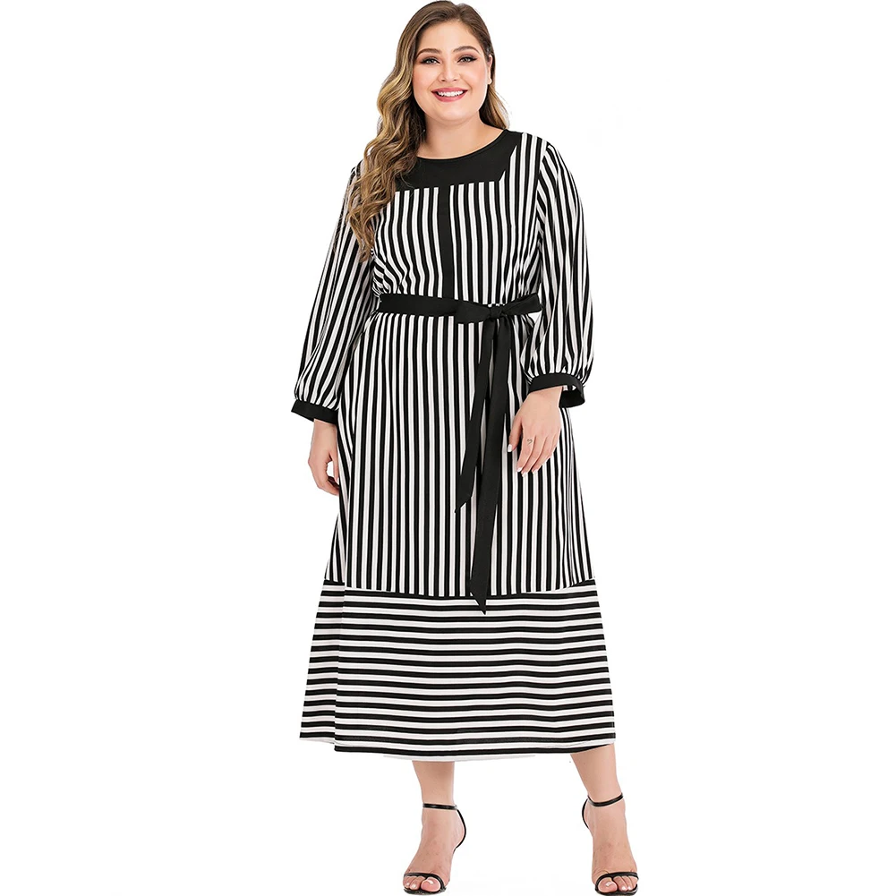 

FADZECO Autumn Women Plus Size Dress Fashion Long Sleeve Stripe Print Women Maxi Dress Casual Loose Party Dress