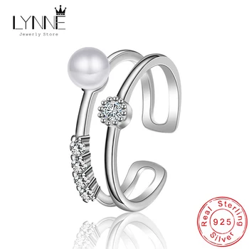 New Fashion 925 Sterling Silver Anelli di perle Elegante Cubic Zirconia Asimmetria Doppi strati Anello ridimensionabile per le donne Regalo gioielli