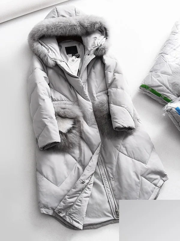 49lu Autumn And Winter New Products Large Fur Collar Waist Hugging Explicit Thin Long Warm Hooded down Jacket