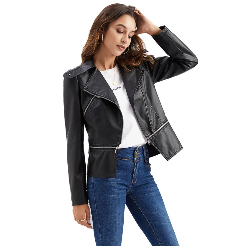 

Women Leather Jacket 2023 New Spring Slim Coat Zipper Removable Hem Casual Jacket Ladies Fashion Overcoat Female Clothes WF265